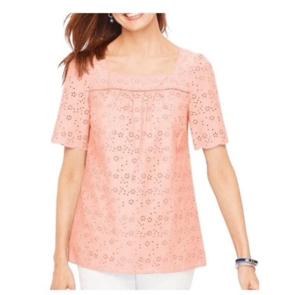 Talbots Floral Eyelet Square Neck Pink Top Large Feminine Summer Vacation